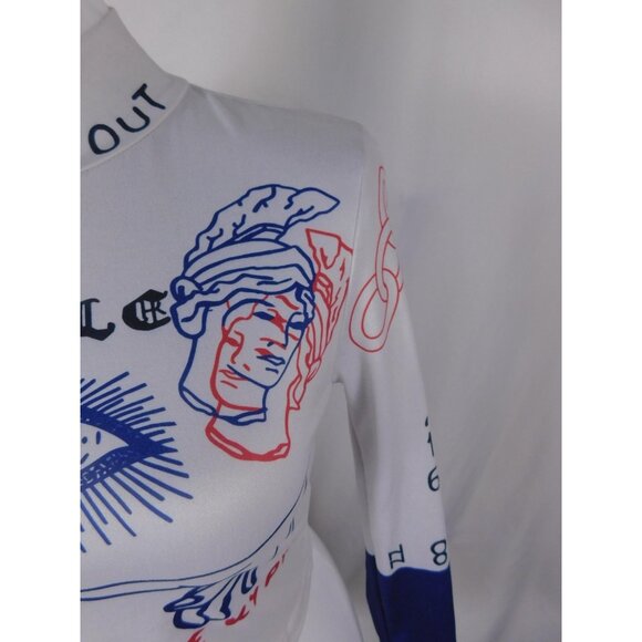 SHEIN Shirt Womens Medium White Blue Red Graphic Mock Neck Long Sleeve Crop - Picture 3 of 12